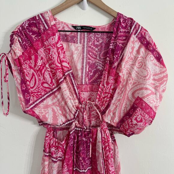 Zara Patchwork Print Dress Pink Cut Out Maxi Size Small - Picture 5 of 14